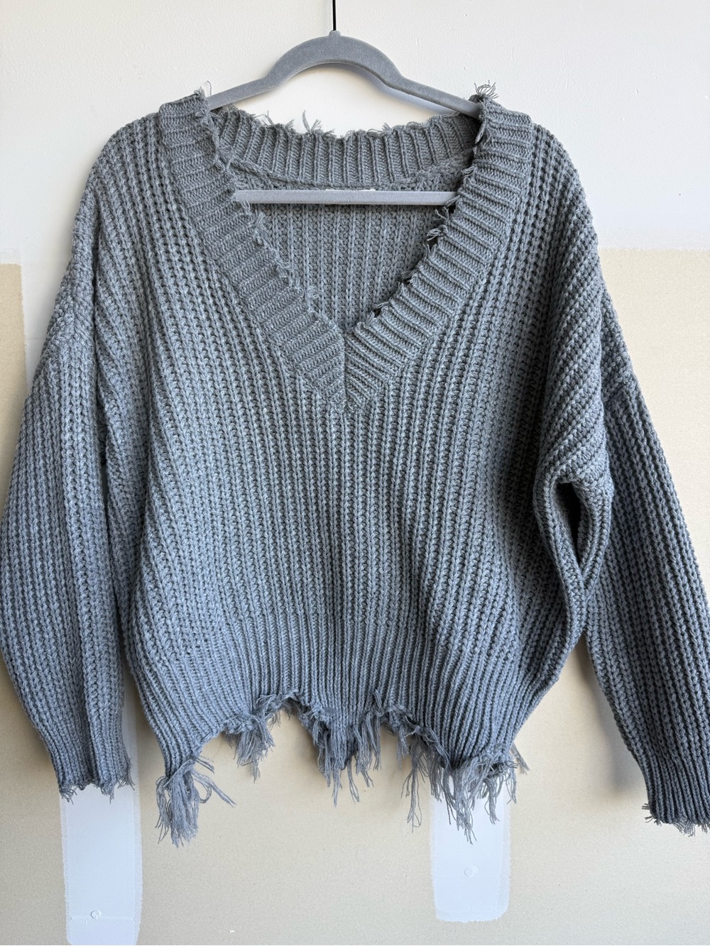 Main Strip Gray Distressed V-Neck Chunky Knit Sweater